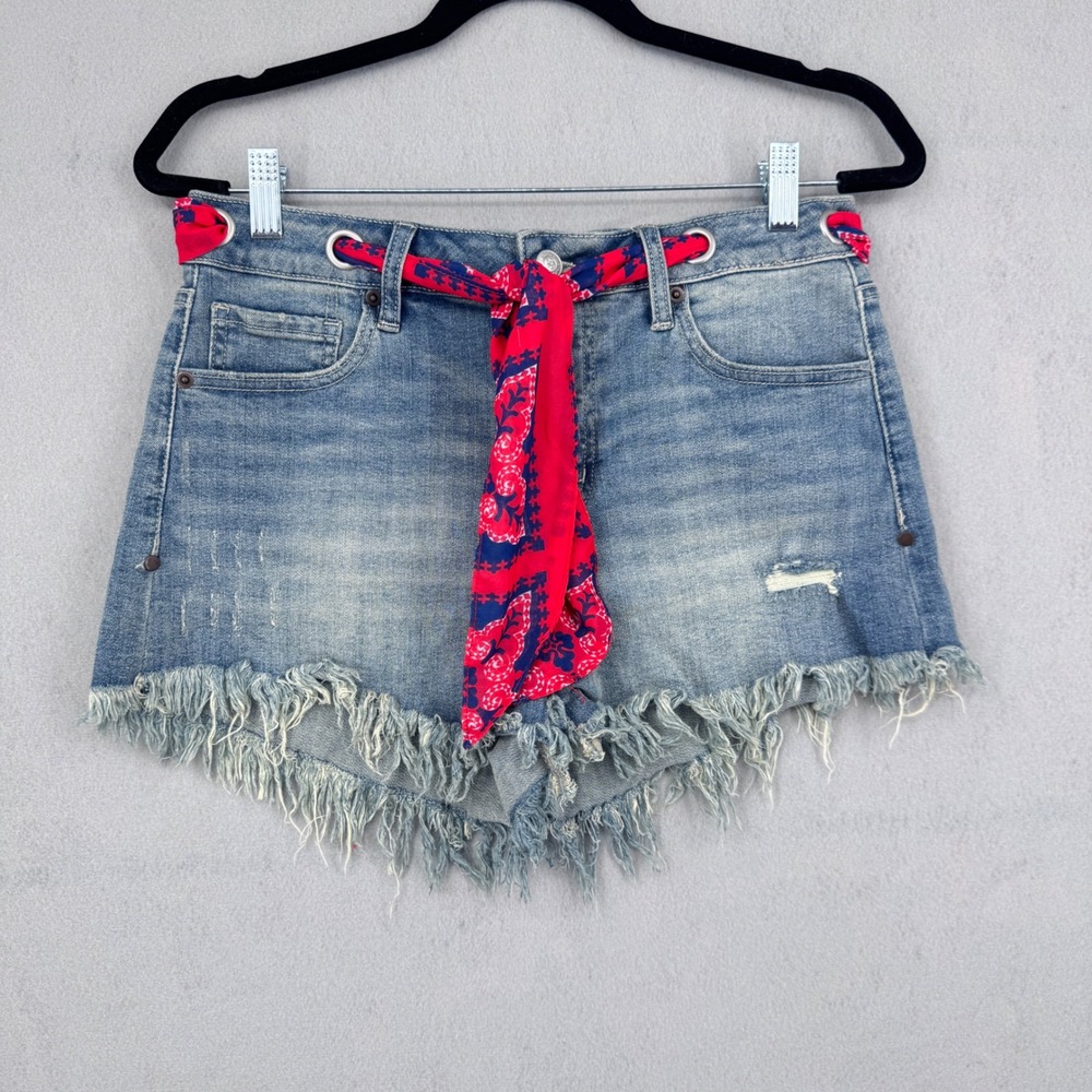 Altar'd State Denim Shorts Womens 28 Blue Scarf Belt Frayed Festival Boho 998